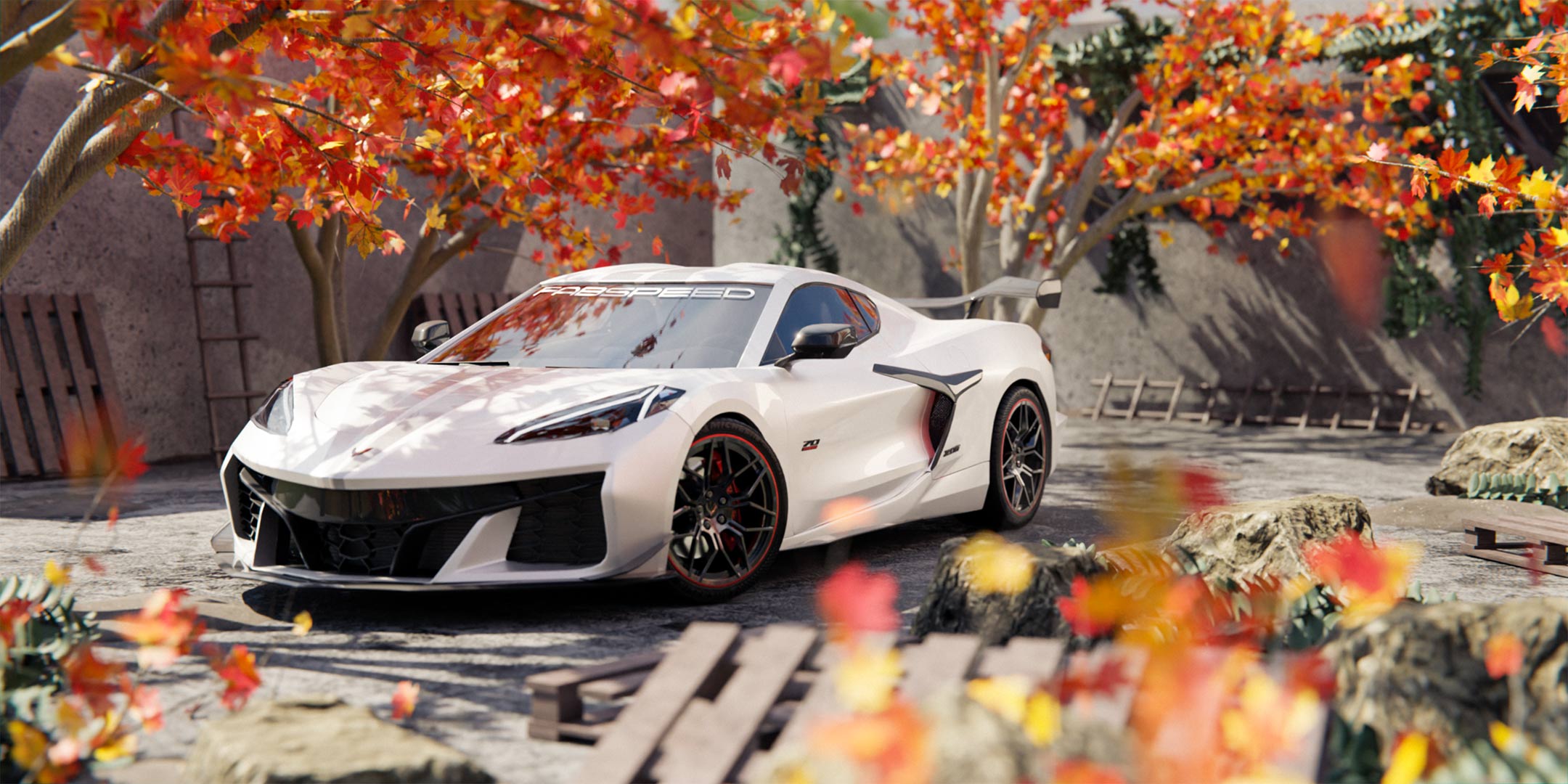 Corvette C8 Z06 In A Fall Garden Render