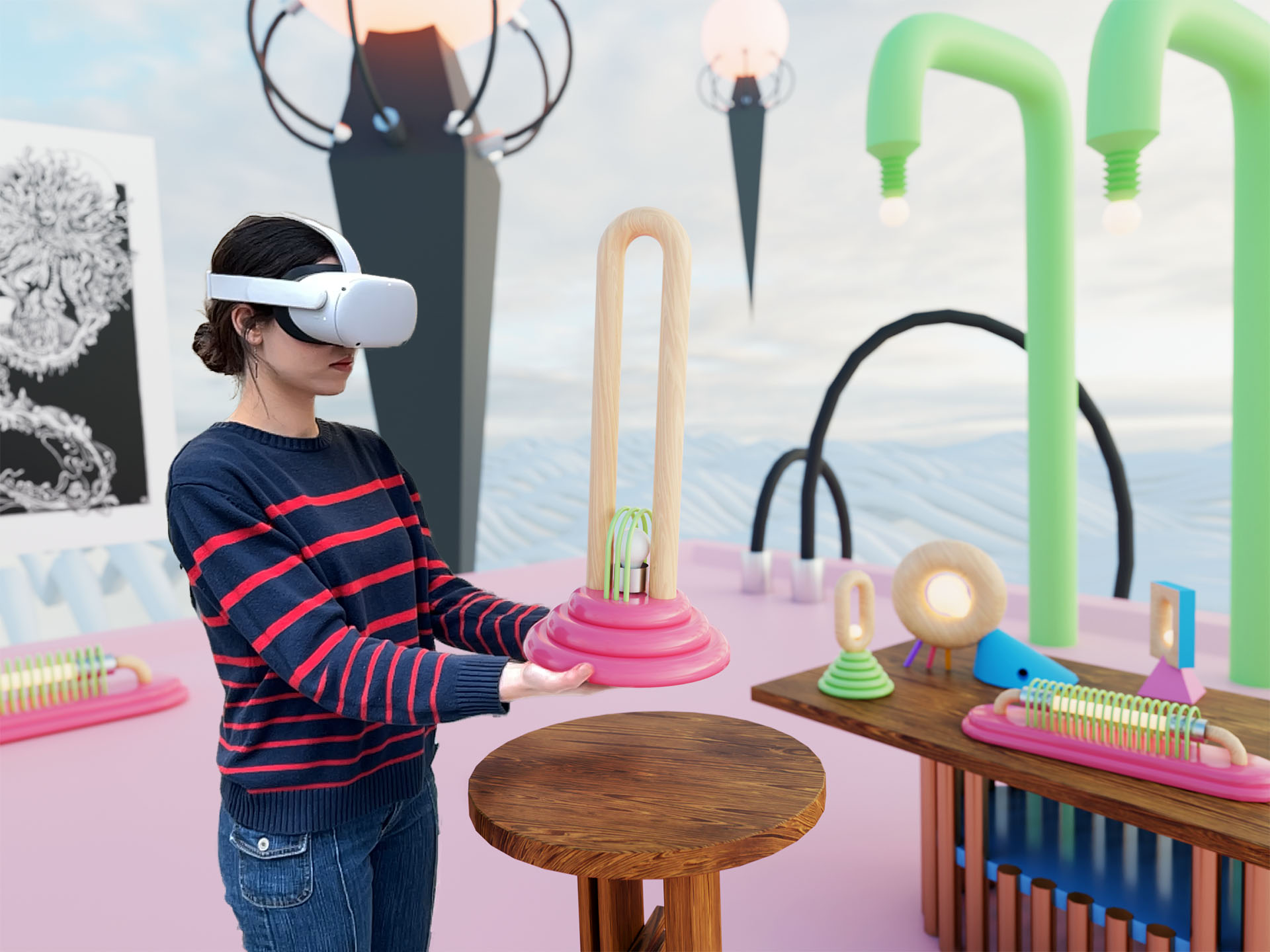 Girl In Virtual Reality Environment Holding a Lamp Surreal